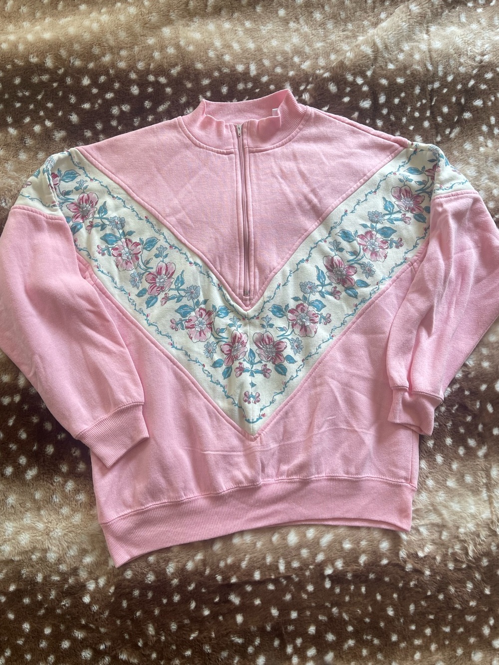 Vintage pink and floral 3/4 zip cottage core sweater